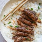 Spicy Beef Enoki Rolls With Rice
