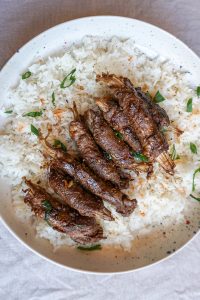 Spicy Beef Enoki Rolls With Rice