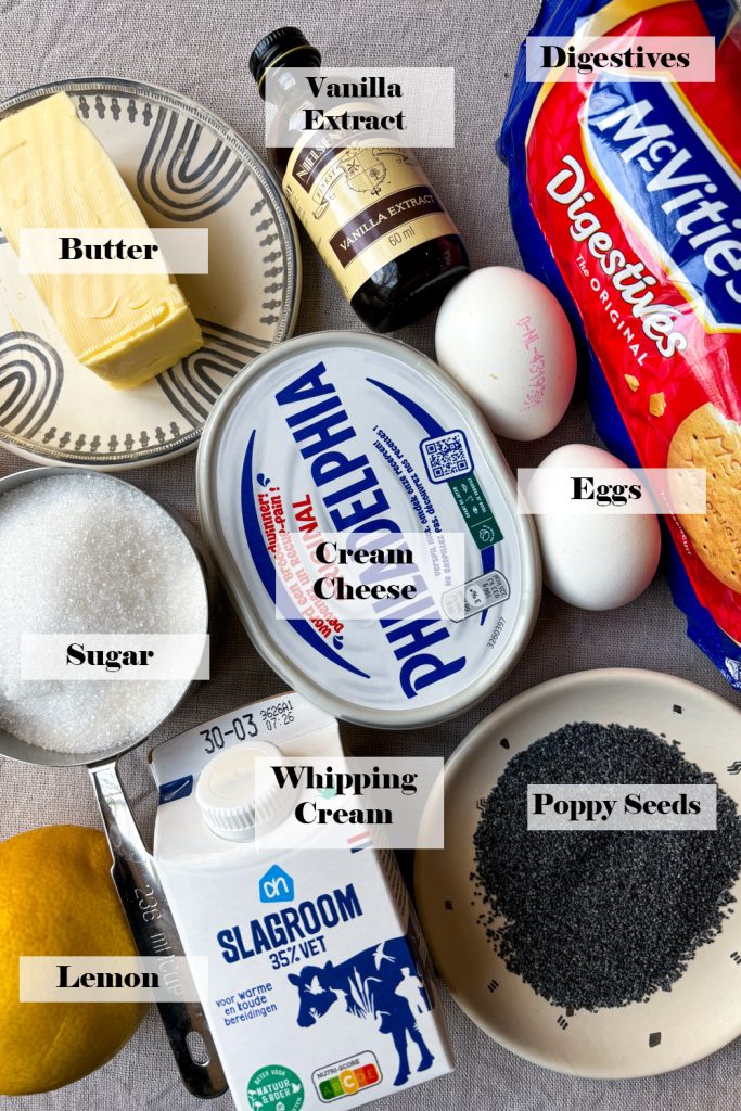 Ingredients for Lemon Poppy Seed Cheesecake No Bake