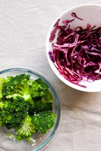 pickled cabbage and blanched broccoli