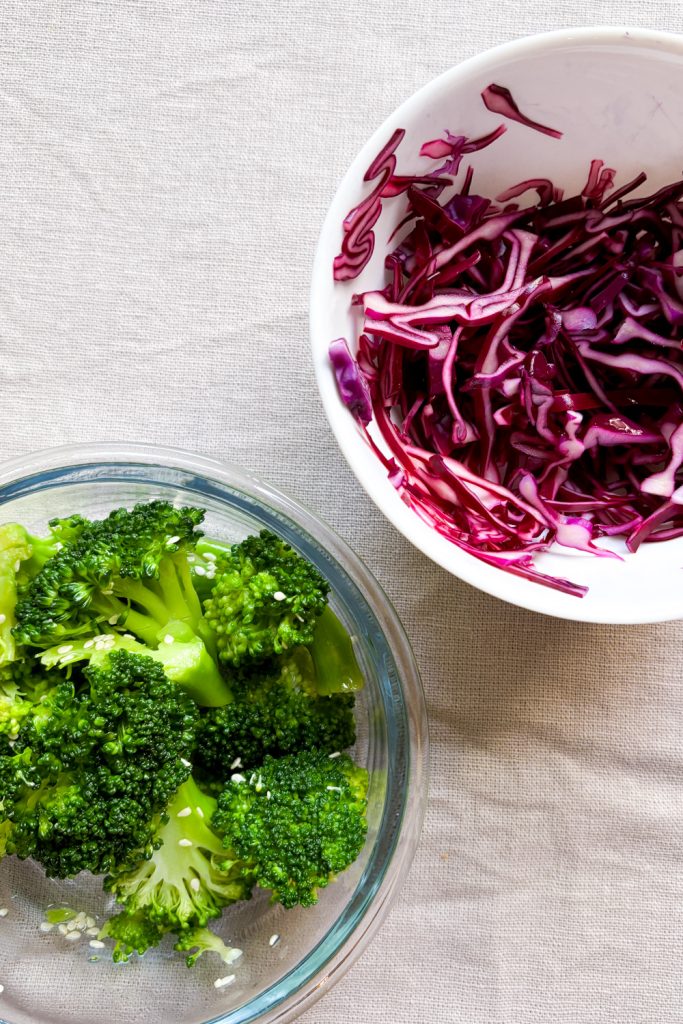 pickled cabbage and blanched broccoli
